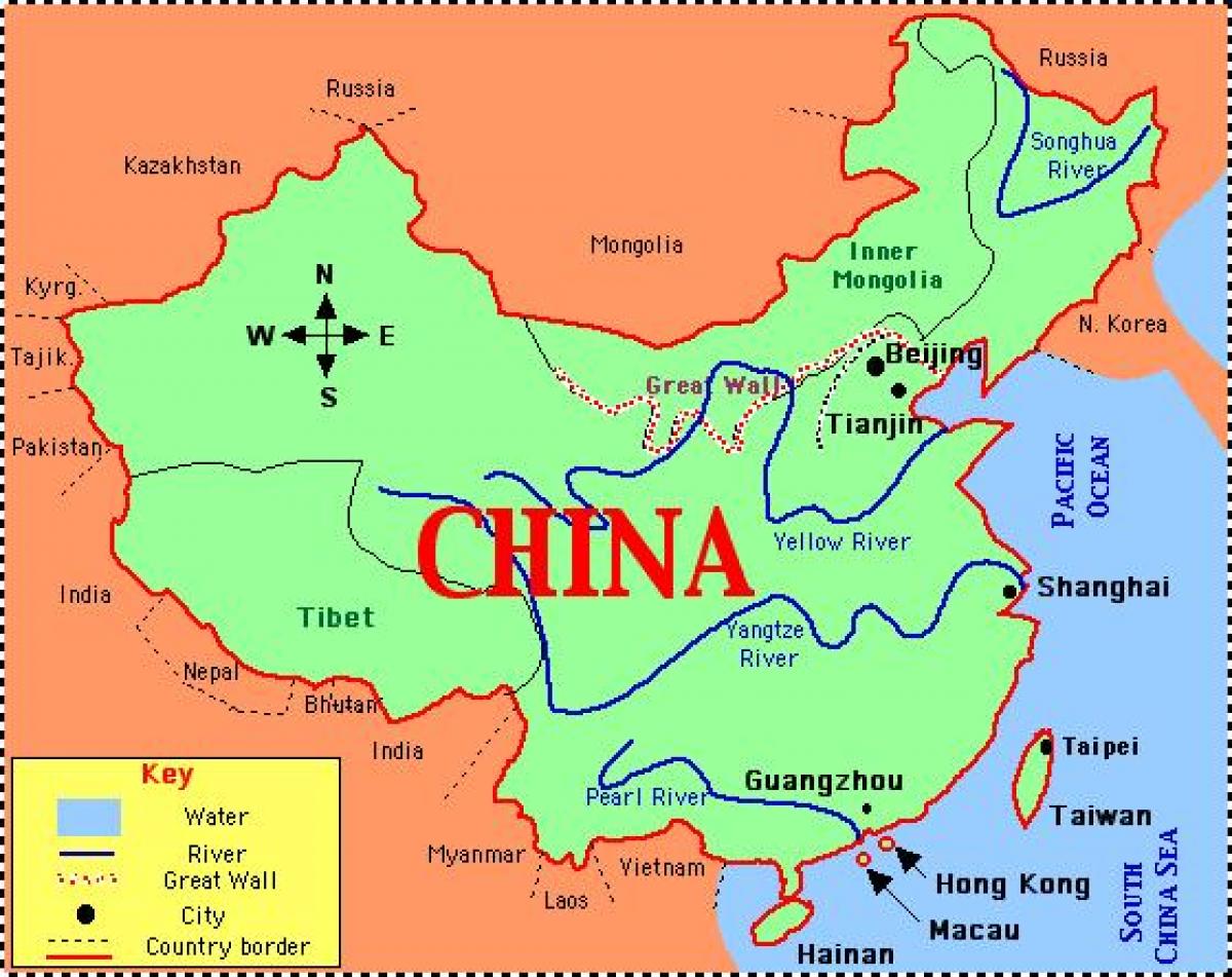 China-Karte mit Flüssen und Bergen