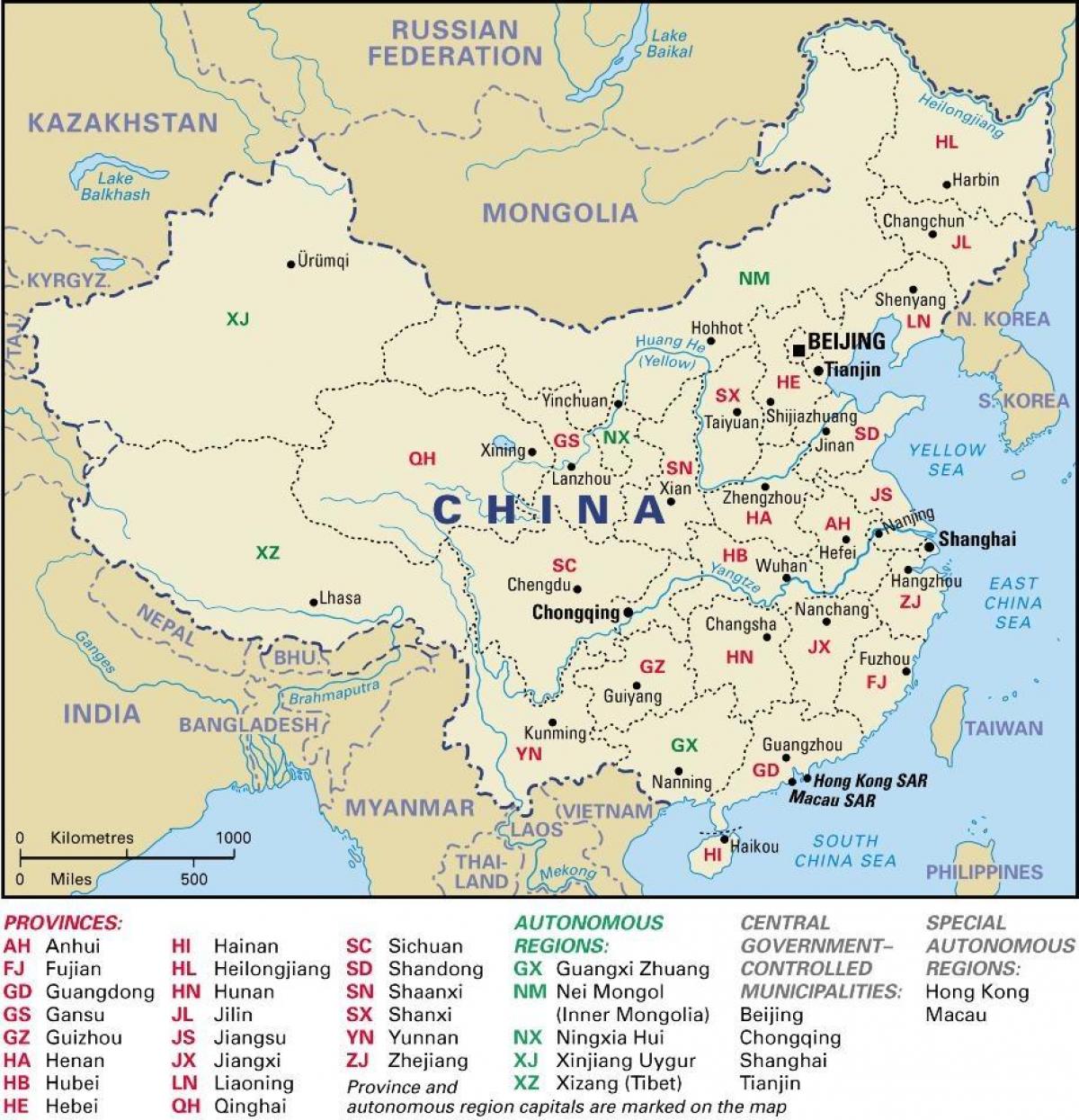 Karte von China mit Provinzen und Hauptstädten